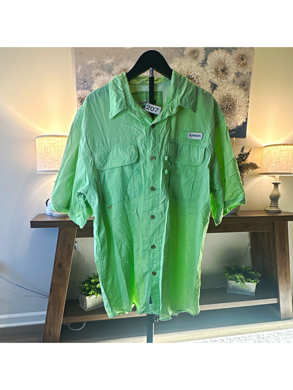 Magellan Outdoors Men’s L Green Button-Up Fishing Shirt, Short Sleeve Pockets